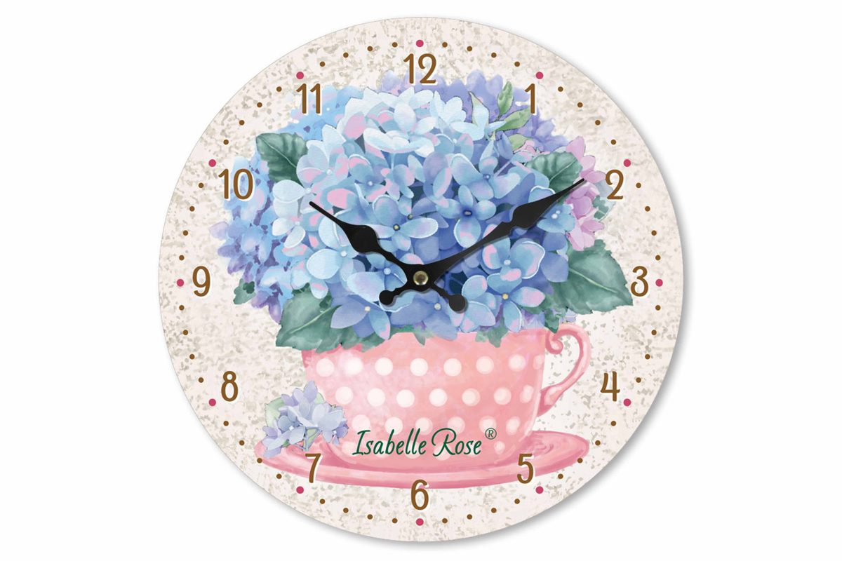 Wooden retro clock with a flowers in a polka cup design