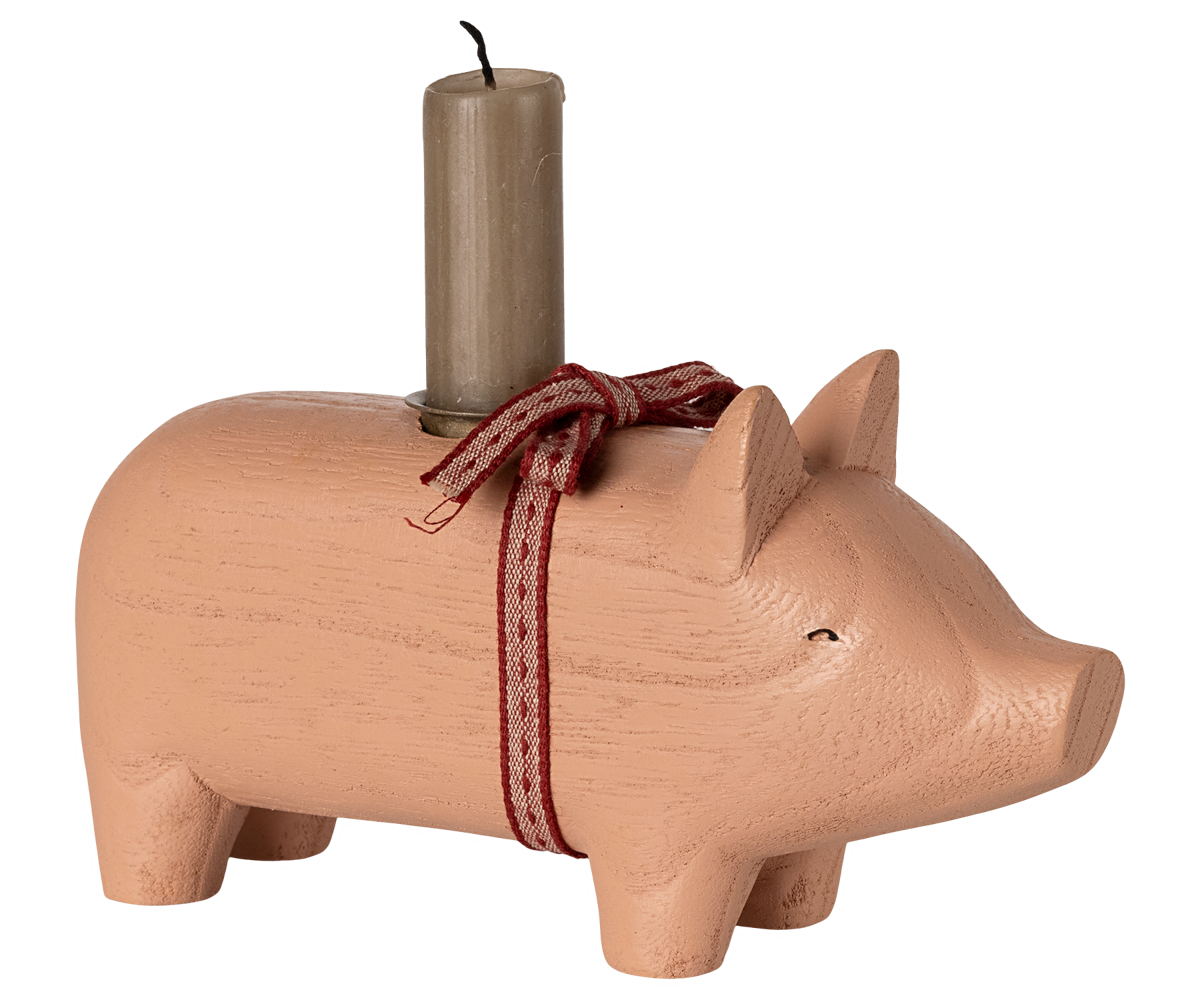 Wooden candle holder, Pig pink