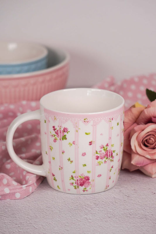 Mug in white colour with pink stripes
