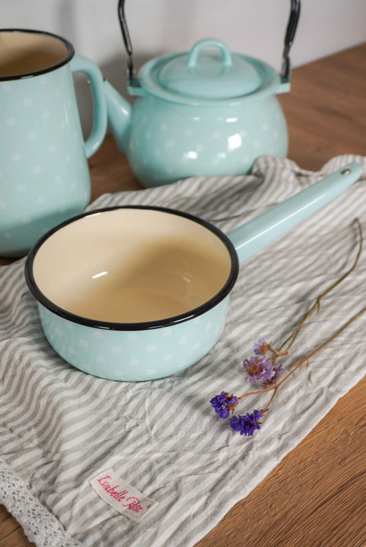 Lovely enamel sauce pan in Polka dot blue design