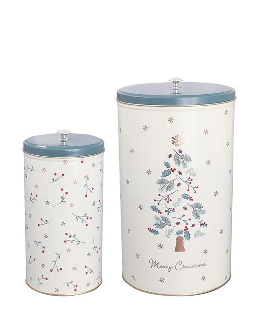 Round  tin box tall Lucie xmas white set of 2pcs