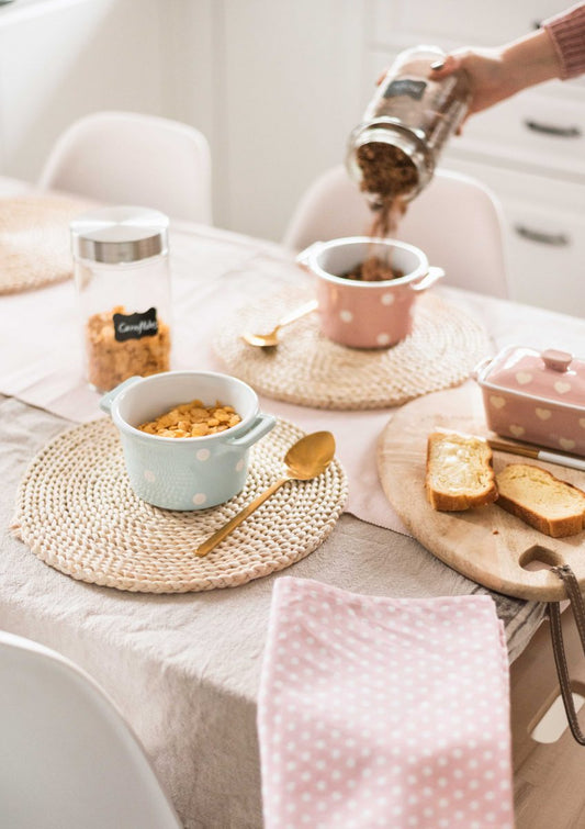 Pastel blue cereal bowl with handles & dots Isabelle Rose